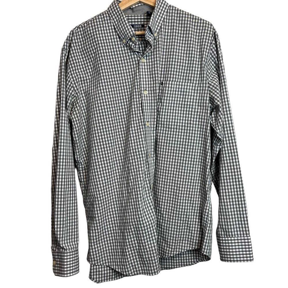 Izod Gray White Gingham Button Down Long Sleeve Size L Men